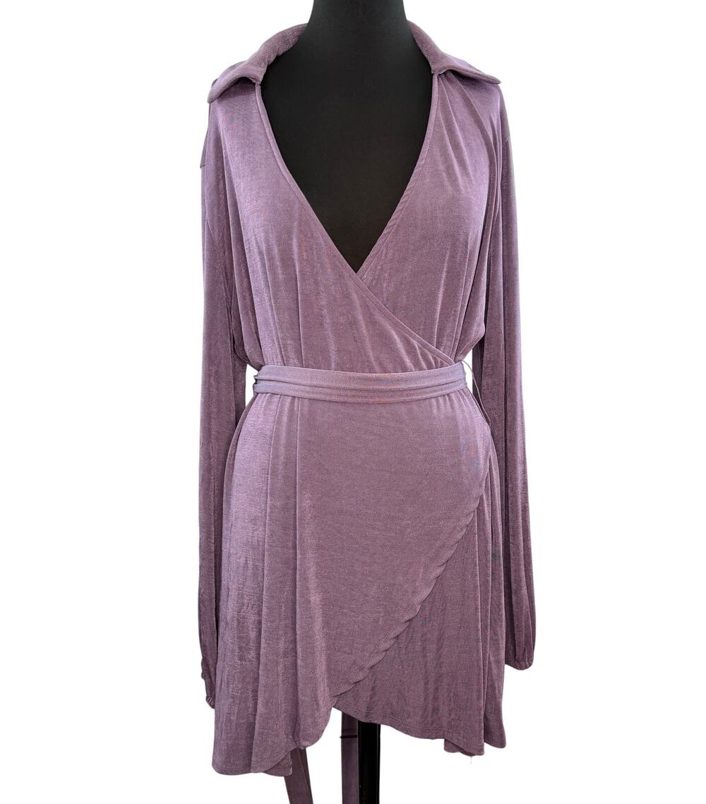 Princess Polly Purple Wrap Dress Tie Waist Split Neck Collar Balloon Sleeve Sz 8